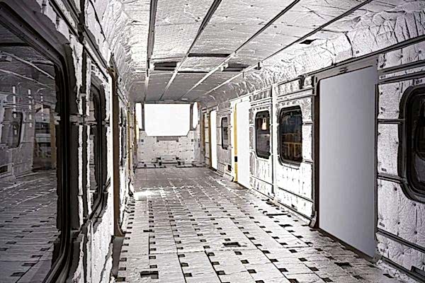 rohe Gerippe eines Zug-Waggons mit Schallschutzplatten an den Wänden