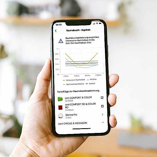 Ein Handy in einer Hand gehalten, zeigt eine Nachhallmessung