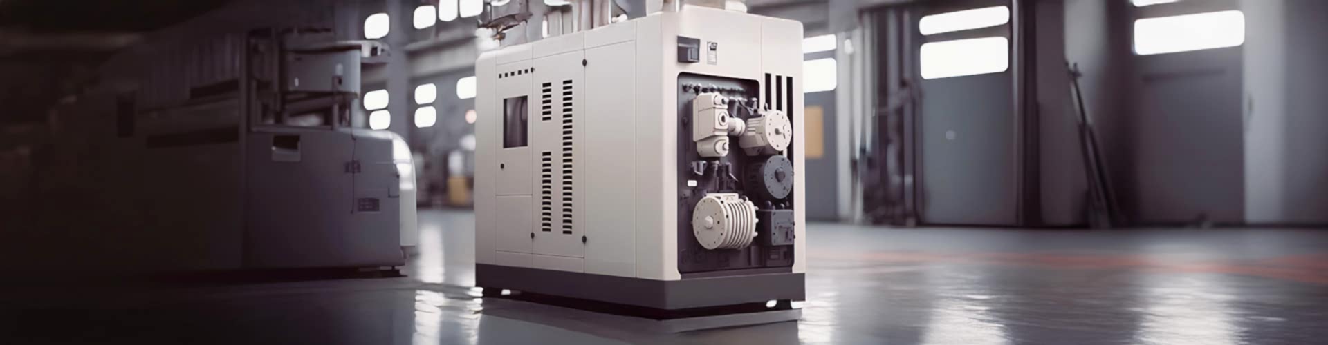 Eine kleine Maschine steht auf einem Hallenboden