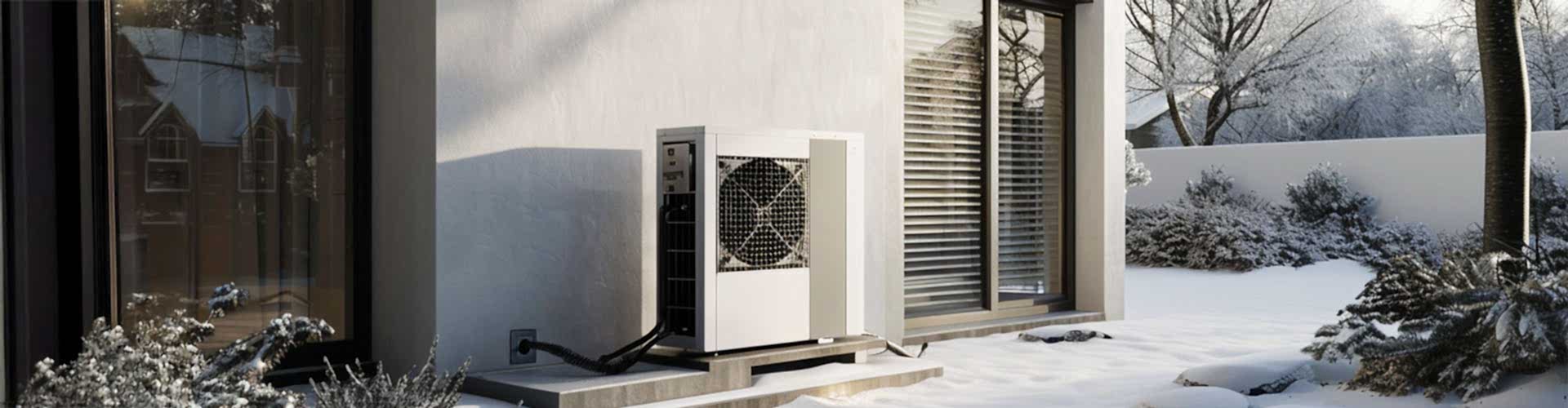 Eine Wärmepumpe steht an einer weißen Hauswand